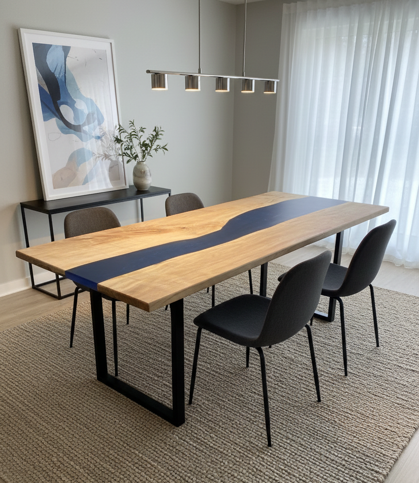 Maple live edge epoxy river dining table handmade in Wakefield, Rhode Island